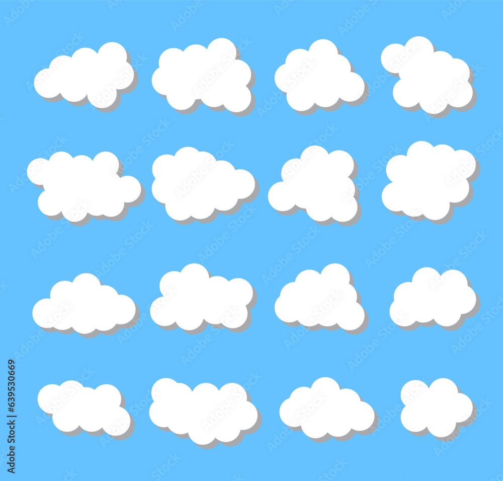 Puffy flat clouds. Abstract cartoon white clouds isolated on the blue background set, whether concept. Vector cartoon flat minimalistic illustration.
