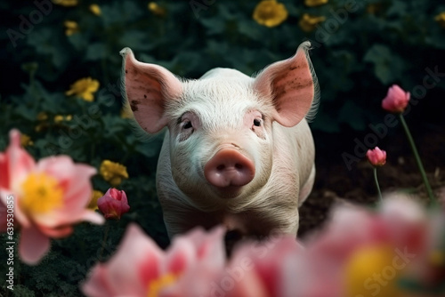 Happy free range pig between flowers. 