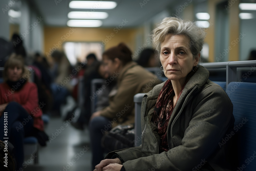 A lonely middle age woman sitting at a waiting room of a hospital. Emotional uncertainty concept