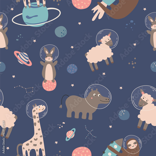 pattern of cute animals in a spacesuit in space