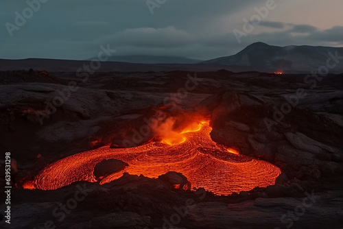 Lava flowing in the valley. 
