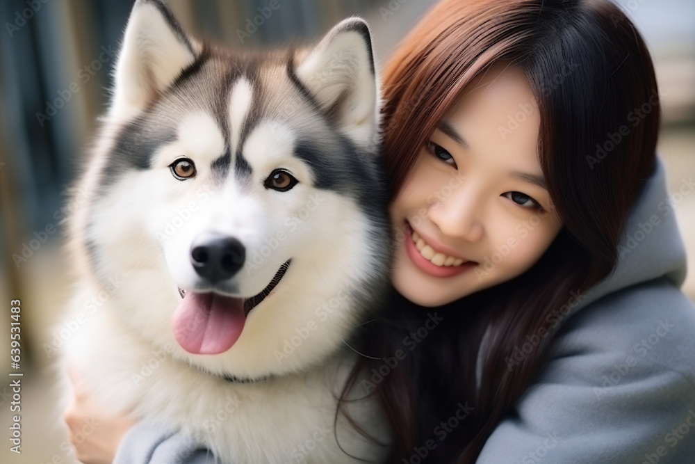 Portrait of people hugging husky dog pet concept Portrait of people hugging husky dog pet concept