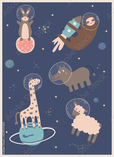 set of cute animals in a spacesuit in space