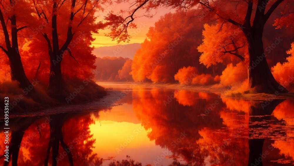 Naklejka premium Orange water river in autumn with trees bent over