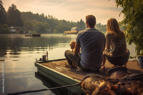 Happy family on a pontoon boat, fishing together on a tranquil lake. Ai generated