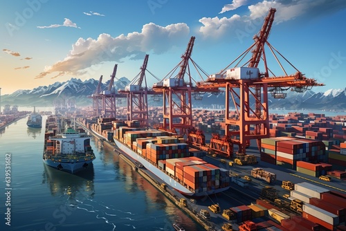 world of shipping transports. Depict a bustling port with cargo ships of various sizes and types, loading and unloading goods by cranes.Generated with AI