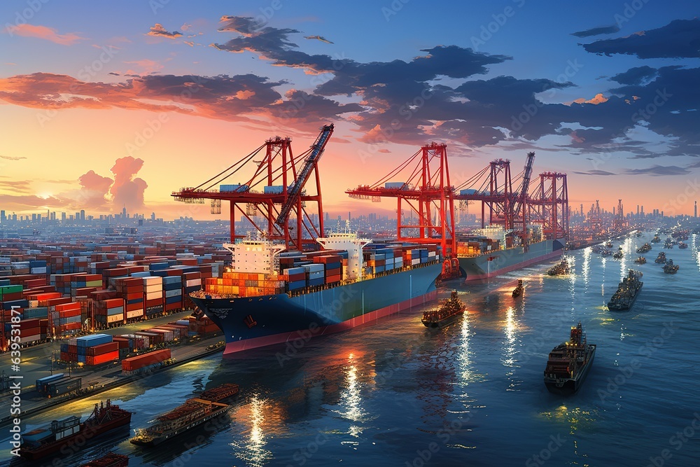 world of shipping transports. Depict a bustling port with cargo ships of various sizes and types, loading and unloading goods by cranes.Generated with AI