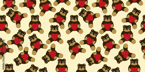 Cute toy bear cub with heart seamless pattern - cartoon - vector illustration.