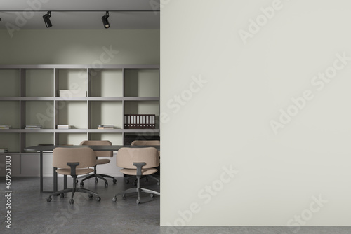 Green board room interior with blank wall