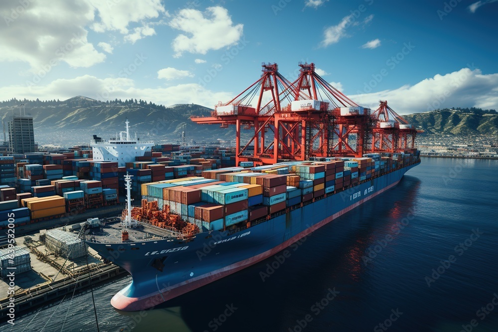 Fototapeta premium world of shipping transports. Depict a bustling port with cargo ships of various sizes and types, loading and unloading goods by cranes.Generated with AI