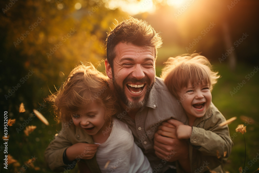 Fototapeta premium Happy dad engaged in playful activities with his children. They are all smiles, savoring the pure joy of precious moments spent together. Ai generated