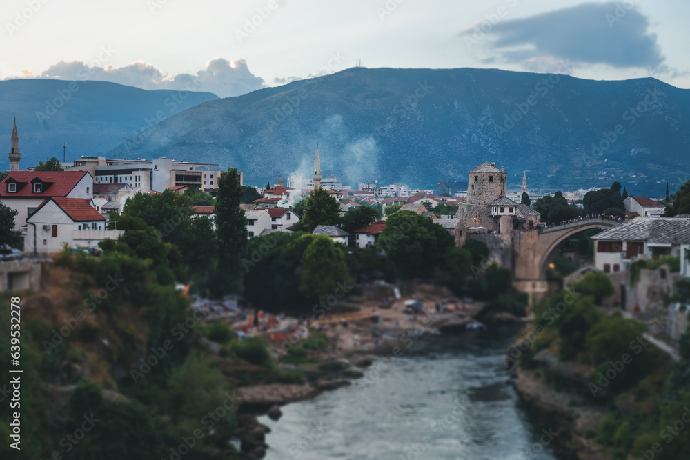 Historical Mostar Old town at sunset, Bosnia and Herzegovina