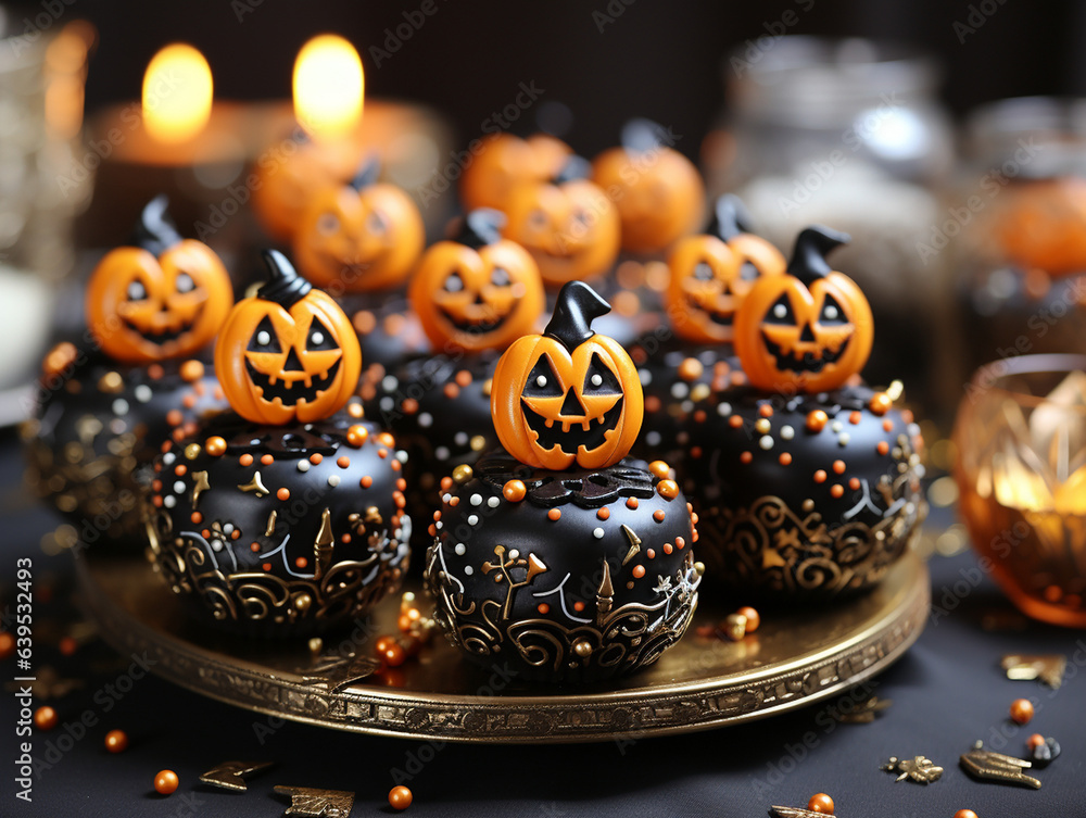 Einzigartige süße Leckereien aus der Bäckerei mit Krapfen und Kuchen zu Halloween schön dekoriert, ai generativ