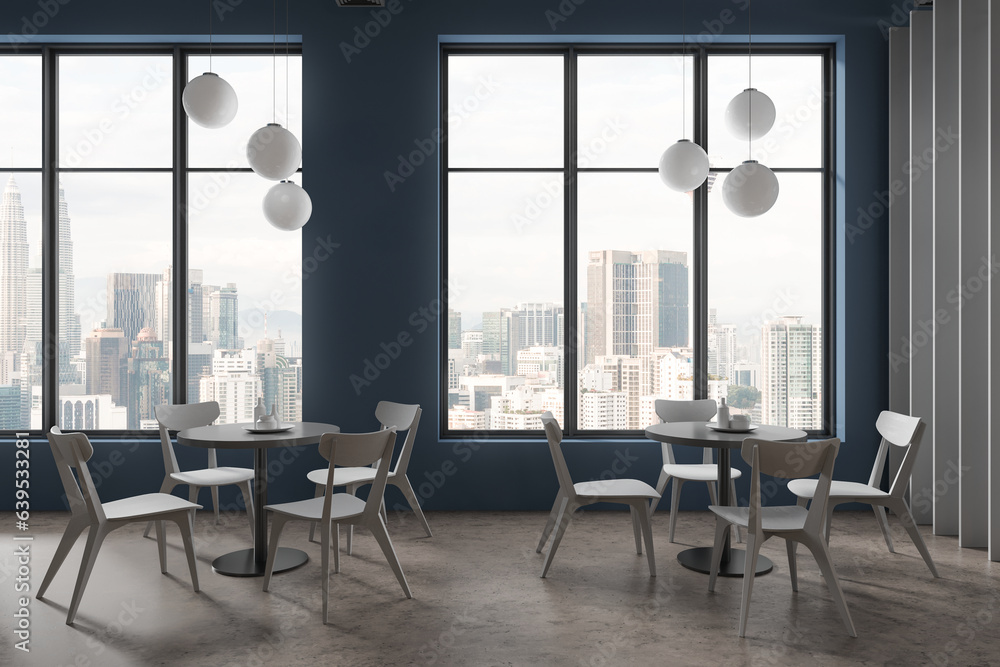 Fototapeta premium Blue and wooden cafe interior with windows