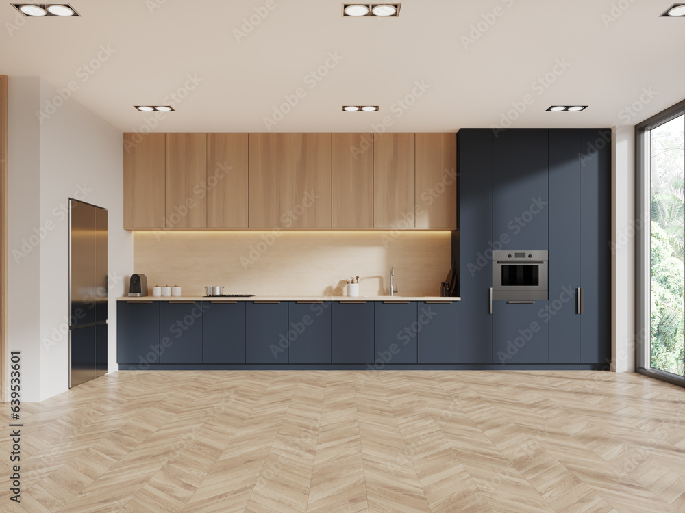White, blue and wooden kitchen interior with fridge White, blue and wooden kitchen interior with fridge