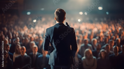 Back view of motivational speaker standing on stage in front of audience for motivation speech on conference or business event. AI generative