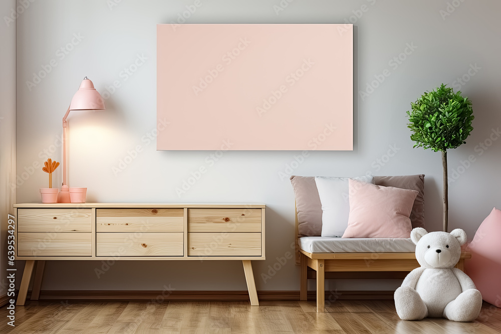Bildplatzhalter in einem Kinder- oder Jugendzimmer im skandinavischen Stil, mit Lampe und Kissen in Pink und einem großen weißen Teddybären vor einem gemütlichen Stuhl.