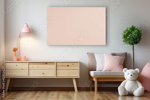 Obraz na płótnie Bildplatzhalter in einem Kinder- oder Jugendzimmer im skandinavischen Stil, mit Lampe und Kissen in Pink und einem großen weißen Teddybären vor einem gemütlichen Stuhl. w salonie