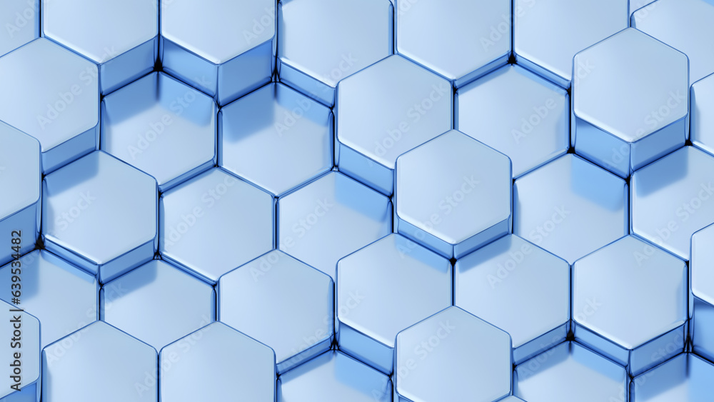 Abstract 3D geometric background, blue metal hexagons shapes, 3D honeycomb pattern.