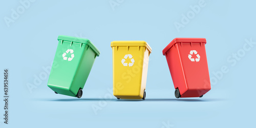 Colorful bins for different types of garbage, blue background