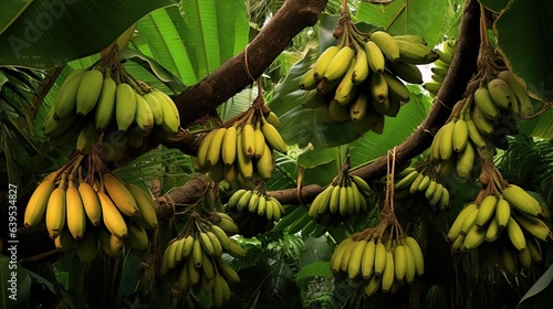 Bananas on the branches of palm trees, nature environment. Created with Generative Ai technology.