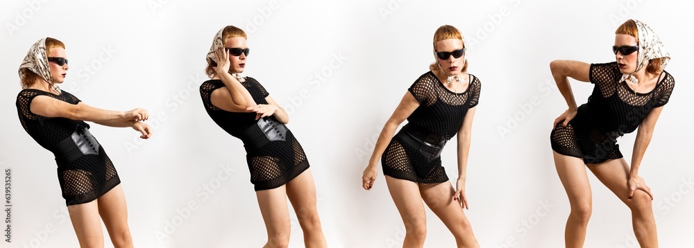 Photo of a sequence of a non-binary person performing in extravagant clothing with sunglasses and a headscarf on a white background. Concept of performance of homosexual person. Dancing or movement.