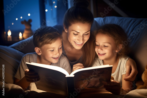 Sceme capturing a heartwarming scene of a loving mom reading enchanting bedtime stories to her children. Ai generated
