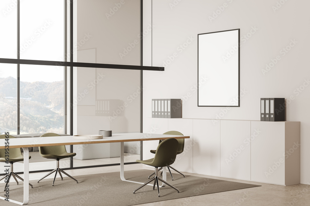 Fototapeta premium Cozy office interior with meeting table and window, sideboard and mockup frame