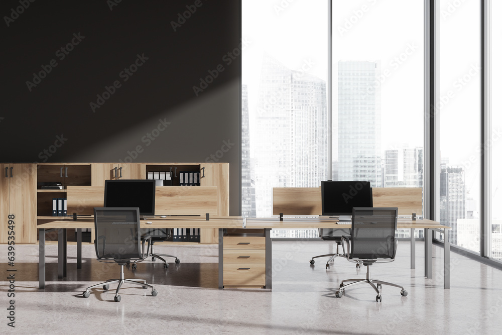 Panoramic gray open space office interior Panoramic gray open space office interior