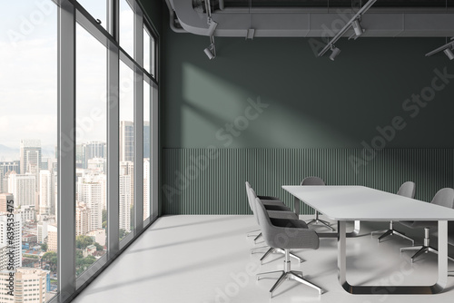 Minimalist office room interior with meeting table and window. Mock up wall