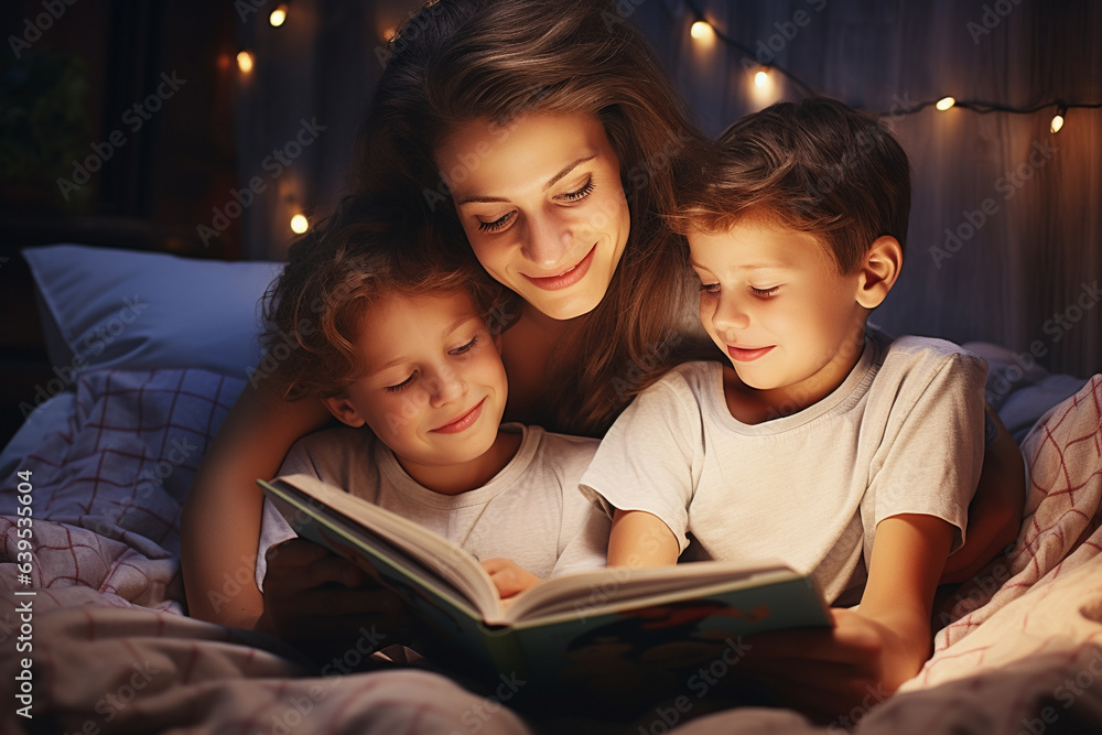 Sceme capturing a heartwarming scene of a loving mom reading enchanting bedtime stories to her children. Ai generated Sceme capturing a heartwarming scene of a loving mom reading enchanting bedtime stories to her children. Ai generated