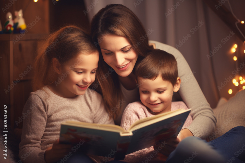 Sceme capturing a heartwarming scene of a loving mom reading enchanting bedtime stories to her children. Ai generated Sceme capturing a heartwarming scene of a loving mom reading enchanting bedtime stories to her children. Ai generated