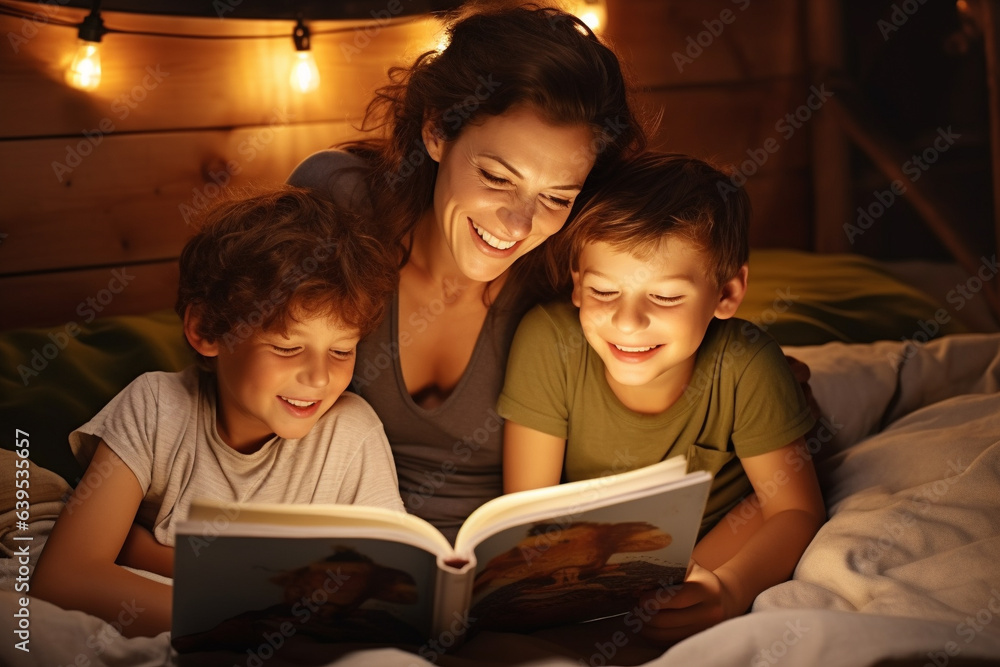 Sceme capturing a heartwarming scene of a loving mom reading enchanting bedtime stories to her children. Ai generated Sceme capturing a heartwarming scene of a loving mom reading enchanting bedtime stories to her children. Ai generated