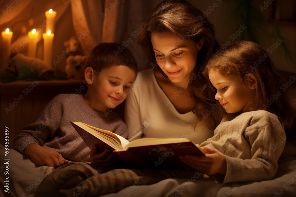 Sceme capturing a heartwarming scene of a loving mom reading enchanting bedtime stories to her children. Ai generated Sceme capturing a heartwarming scene of a loving mom reading enchanting bedtime stories to her children. Ai generated