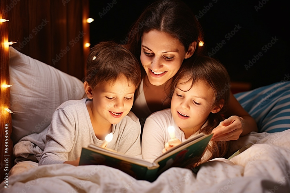 Sceme capturing a heartwarming scene of a loving mom reading enchanting bedtime stories to her children. Ai generated Sceme capturing a heartwarming scene of a loving mom reading enchanting bedtime stories to her children. Ai generated
