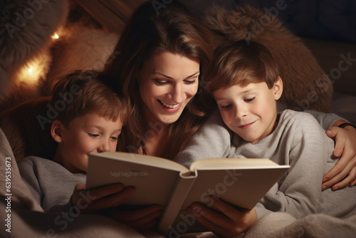 Sceme capturing a heartwarming scene of a loving mom reading enchanting bedtime stories to her children. Ai generated