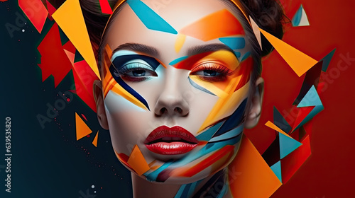 lady with abstract geometric faceart on color background