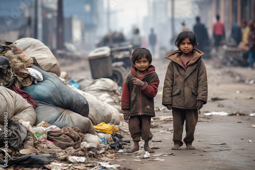 Harsh reality of impoverished children on the streets, begging for survival.  Ai generated