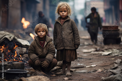 Harsh reality of impoverished children on the streets, begging for survival. Ai generated