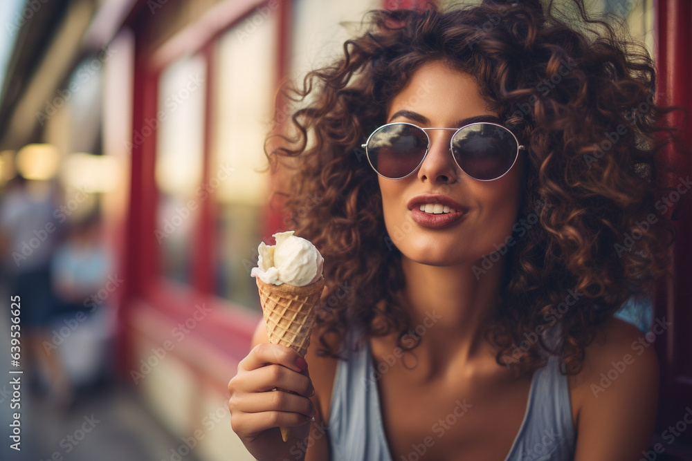 Scene capturing the beauty and delight of a woman savoring an ice cream cone. Her radiant smile and graceful demeanor complement the blissful moment of indulgence. Ai generated