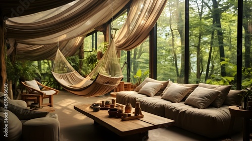 Ecology or eco-lodge house interior with green plants, adorned with hammocks and various greenery, creating a serene and relaxing ambiance, surrounded by the natural beauty, AI Generative © Lucky Ai