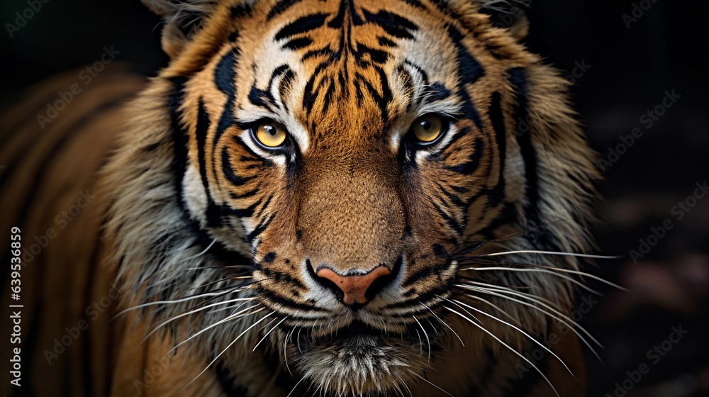 A close-up of a tiger's intense gaze, highlighting its piercing eyes and strong facial features, with an open area for text incorporation. Text space, AI generated. A close-up of a tiger's intense gaze, highlighting its piercing eyes and strong facial features, with an open area for text incorporation. Text space, AI generated.