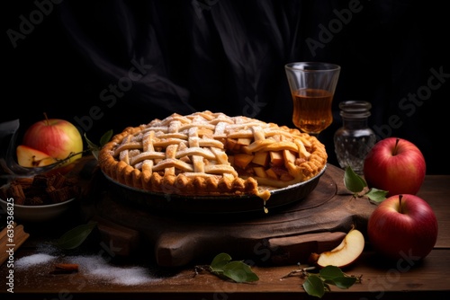 Food photography with whole apple pie on dark background