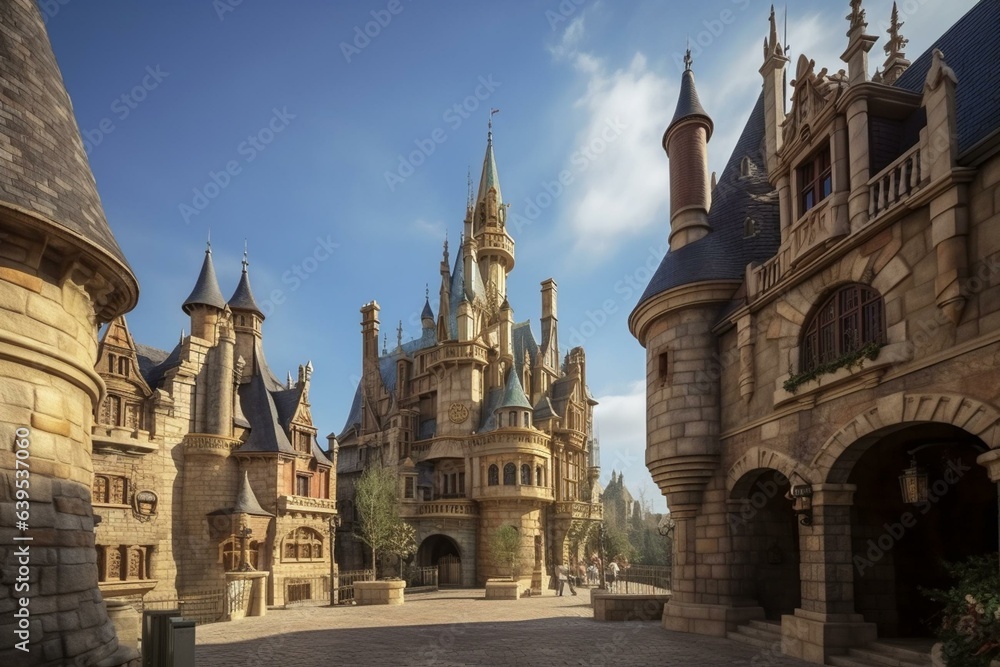 A stunning view of a fantasy city castle on Main Street. Generative AI