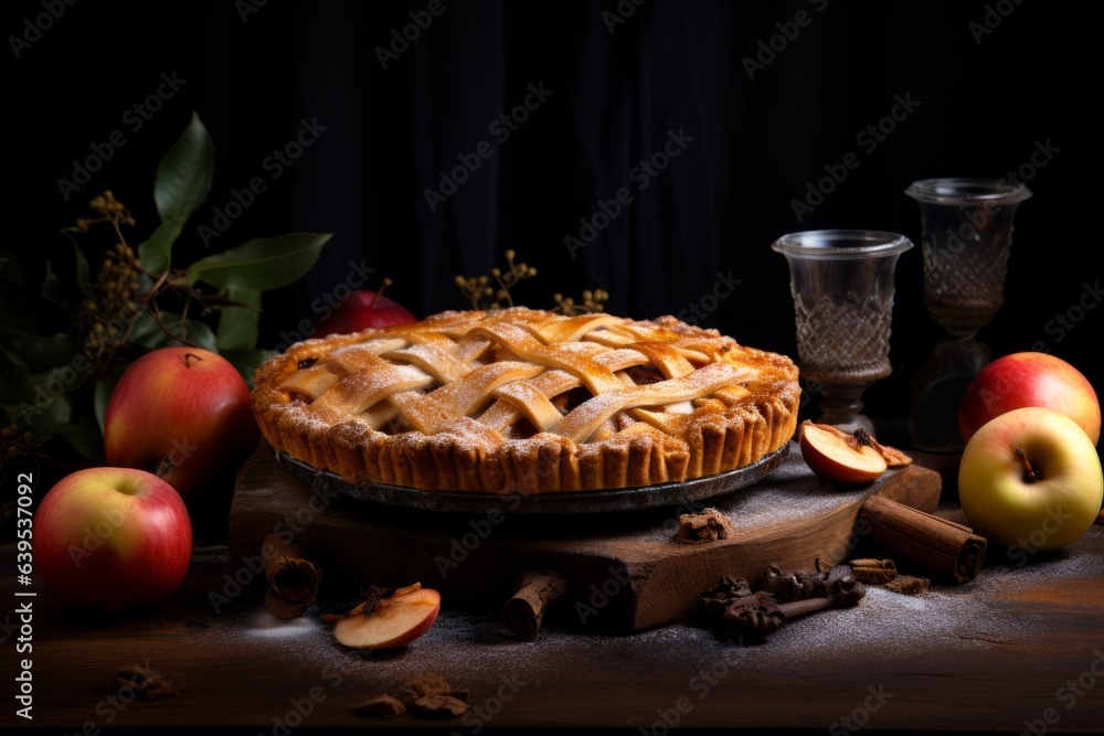 Food photography with whole apple pie on dark background Food photography with whole apple pie on dark background