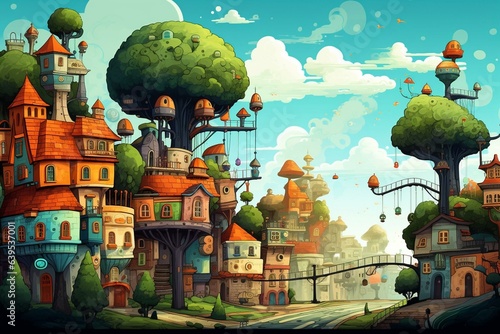 Lively cartoon city illustration perfect for kids. Generative AI