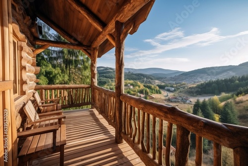 Scenic view from a wooden balcony, featuring mountain panorama and cozy wooden and fabric furnishings, with a natural wooden railing. Generative AI