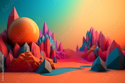 Vibrant  surreal 3D scenery with abstract geometric elements. Generative AI