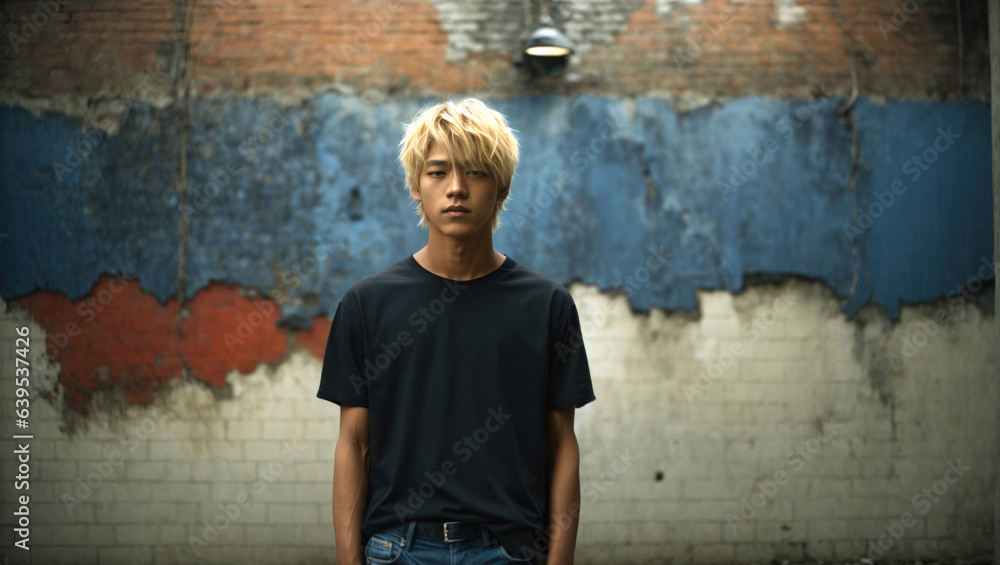 Blond asian young man wearing t-shirt and jeans standing in front of a wall with graffiti for Mockup
