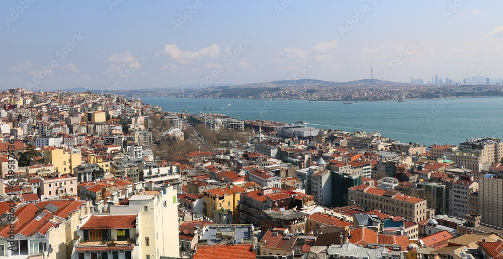 A view of Asian side of Istanbul, European side both and the Bosphorus from Galata Tower in Istanbul, Turkey.